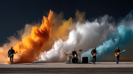 A dynamic music performance featuring musicians against a backdrop of colorful smoke explosions. The vivid colors enhance the creative energy and artistic expression of the scene, creating a striking visual experience.の素材