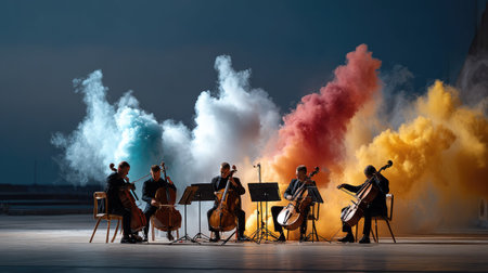 A captivating scene of musicians performing with colorful smoke effects, blending artistry and music in a stunning concert atmosphere.の素材