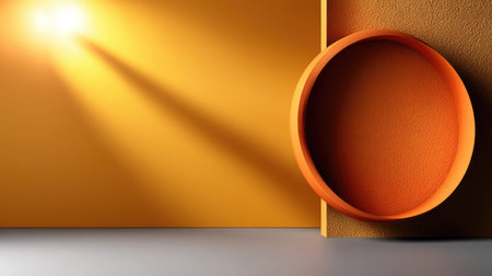 This image features a modern abstract decor with an orange sphere and geometric shapes, casting warm light and shadows. A unique artistic representation ideal for contemporary spaces.の素材