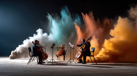 A vibrant string quartet performance set against a dramatic backdrop of colorful smoke clouds. The musicians create a captivating atmosphere with their instruments.の素材