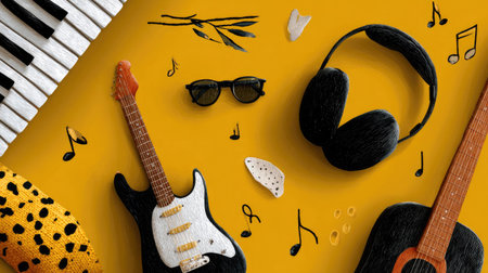 A vibrant and creative flat lay image showcasing various musical instruments and accessories set against a cheerful yellow background, perfect for artistic projects.の素材