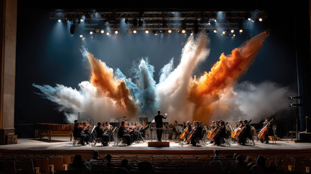 A breathtaking symphony performance captures the vibrancy of orchestral music, enhanced by colorful smoke effects creating a stunning visual spectacle.の素材