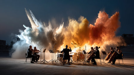 An exhilarating orchestral performance set against a backdrop of vibrant smoke effects. The dynamic scene captures the essence of music and artistry.の素材