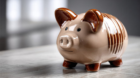 A charming ceramic piggy bank features unique brown stripes, elegantly placed on a wooden table, illuminated by soft light, perfect for depicting savings themes.の素材