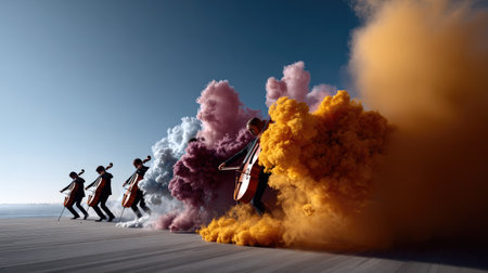A captivating outdoor scene featuring musicians playing cellos amidst vibrant clouds of colored smoke. The dramatic setting enhances the artistic expression and energy of the performance, creating a stunning visual experience.の素材