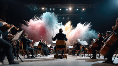 A captivating orchestral performance with a conductor leading musicians on stage, surrounded by vibrant smoke effects, combining sound and visual art.の素材