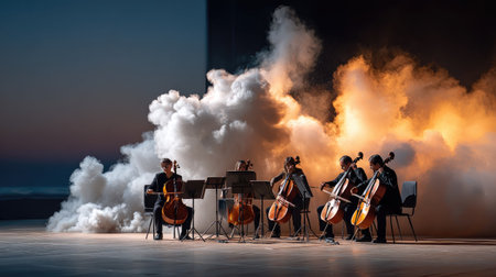 A captivating cello performance takes center stage, surrounded by dramatic smoke and atmospheric lighting, creating a mesmerizing twilight ambiance.の素材