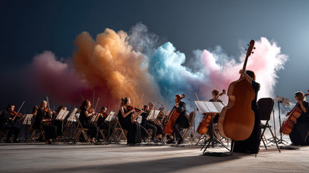 A stunning orchestra performance is captured in this image, showcasing musicians in formal attire passionately playing their instruments against a backdrop of colorful smoke.の素材