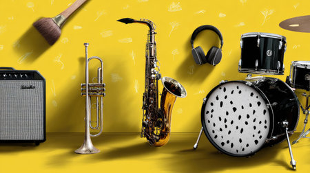 This vibrant stock photo showcases a stunning collection of musical instruments arranged on a bright yellow background, perfect for capturing the essence of music and creativity.の素材