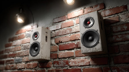 A pair of vintage speakers mounted on a rustic brick wall, illuminated by warm ambient lighting, creating a cozy atmosphere perfect for music lovers.の素材
