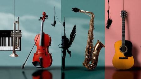 A stunning arrangement of musical instruments creates a visual symphony on a vibrant background, showcasing the beauty of sound and creativity.の素材
