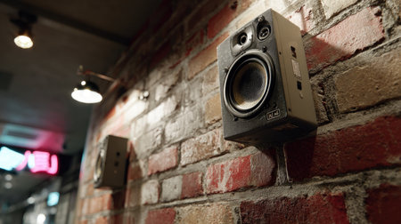 A vintage wall-mounted audio speaker positioned against an exposed brick wall creates a cozy and inviting atmosphere illuminated by soft lighting.の素材