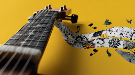 A close-up view of an acoustic guitar set against a bright yellow background, showcasing vibrant music elements and floral designs that evoke creativity.の素材