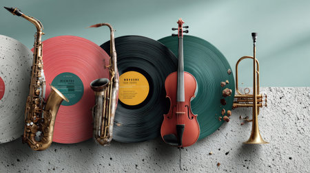A vibrant display featuring colorful vinyl records alongside a saxophone, trumpet, and violin, set against a textured background, perfect for music lovers.の素材