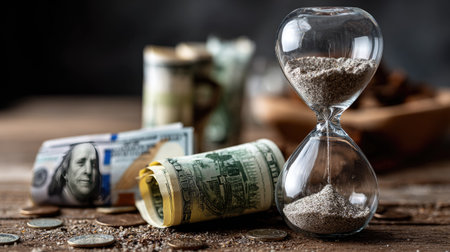This image illustrates the intricate relationship between time and money, showcasing an hourglass alongside currency notes and coins on a rustic wooden table.の素材