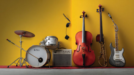 A visually striking composition of various musical instruments including a drum set, cello, saxophone, and electric guitar against a bright yellow wall, showcasing color and creativity.の素材