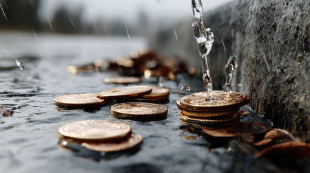 Water droplets cascade over coins lying in a shallow stream, creating a serene scene that evokes thoughts of wealth and nature's harmony in gentle rain.の素材
