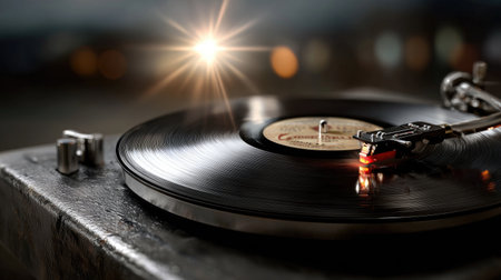 A stunning close-up of a vintage vinyl record player showcasing a spinning black vinyl disc with a shining needle, evoking nostalgia in warm ambient light.の素材