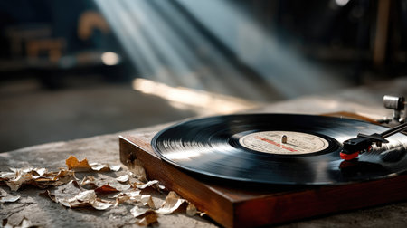 A vintage vinyl record player rests on a wooden surface, surrounded by dry leaves, with soft sunlight streaming through, creating a cozy and artistic atmosphere.の素材