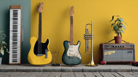 A vibrant display of musical instruments, featuring a keyboard, electric guitars, trumpet, and amplifier against a colorful backdrop, perfect for music lovers.の素材