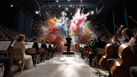 A vibrant explosion of colorful confetti enhances a live orchestra performance, creating a joyful atmosphere and captivating the enthusiastic audience.の素材