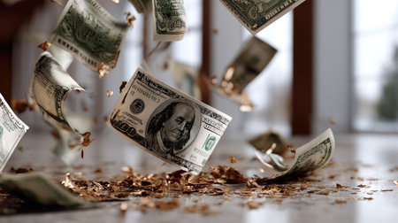 A dynamic scene capturing flying 100 dollar bills amidst scattered shredded paper, symbolizing financial opportunities and wealth in a bright space.の素材