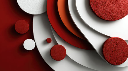 This visually striking abstract design features layered circular shapes in red, white, and orange, showcasing a blend of textures and vibrant colors. Perfect for modern decorating or creative projects.の素材