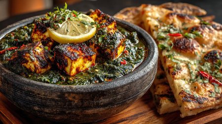 A rich paneer dish presented in a rustic bowl, featuring vibrant greens and a hint of lemon, served alongside warm flatbread for a wholesome meal experience.の素材