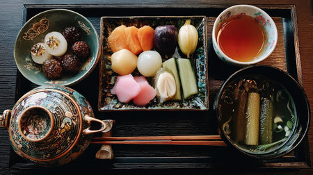 A beautiful arrangement of traditional Japanese sweets, colorful vegetables, and tea highlights the artistry and culture of Japanese cuisine. Each dish showcases unique flavors and careful presentation.の素材
