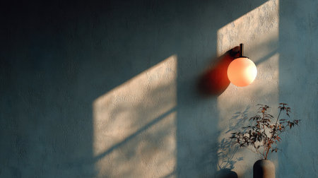 A captivating interplay of soft lighting and shadows on a textured wall creates a tranquil atmosphere, enhanced by a minimalist plant arrangement in a vase.の素材