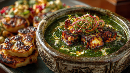 Experience authentic Indian cuisine with this captivating photo showcasing a rich spinach paneer dish, accompanied by flavorful sides. Perfect for food enthusiasts.の素材