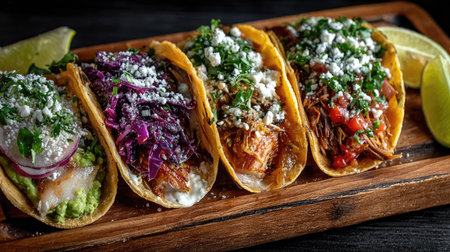 A stunning display of four distinct tacos showcases a blend of fresh ingredients and vibrant colors on a wooden platter, perfect for any meal.の素材