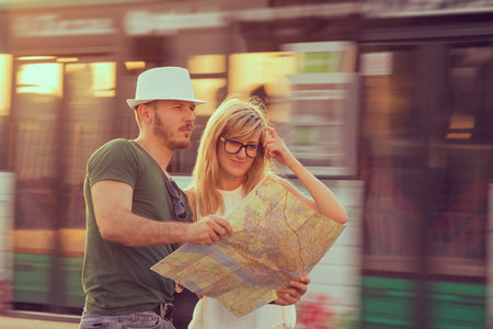 Tourists with city mapの写真素材