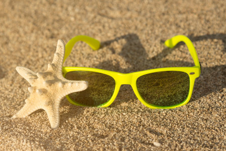 Sea star and garish green sunglasses on the sand at the sunsetの写真素材