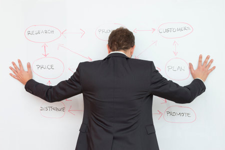 Businessman with his hands leaning on whiteboard thinking on how to make successful business...