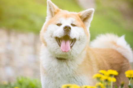 Japanese akita dog among flowers on the fieldの写真素材