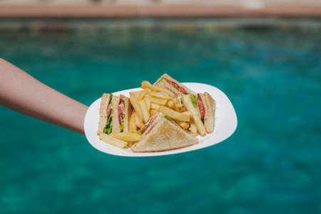 Close up of female hand holding plate full of sandwiches and french fries against swimming pool blue water surface. Food and summer vacation conceptsの写真素材