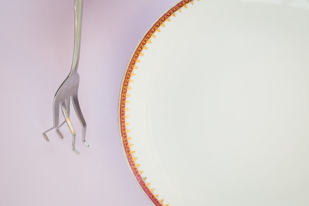 Minimal concept flat lay of hungry fork walking to the empty plate. Space for food placement.の写真素材