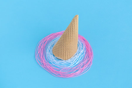 Fake ice cream made of threads on pastel blue background minimal concept.の写真素材
