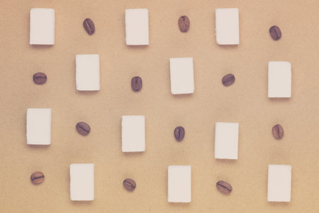 Coffee beans and sugar cubes pattern minimal background.の写真素材
