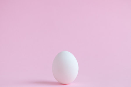 White egg on plain pastel pink background. Minimal concept.の写真素材