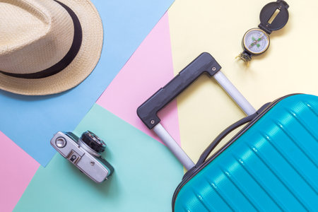 Travel flat lay on colorful pastel background minimal creative concept.の写真素材