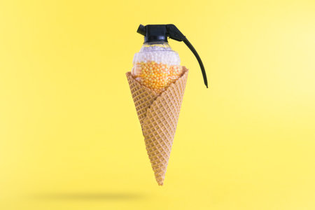 Hand grenade toy bomb full of foam balls in form of beer and foam in cone minimal creative concept.