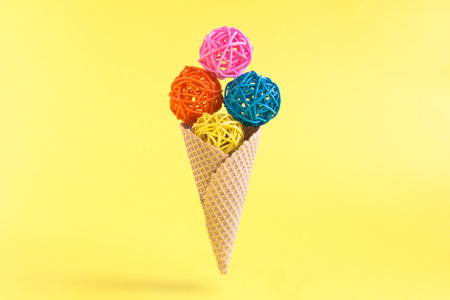 Ice cream made of colorful rattan balls and cone on pastel yellow background minimal creative...