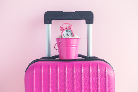 Suitcase with small bucket full of sand and small alarm clock against pastel pink background minimal...