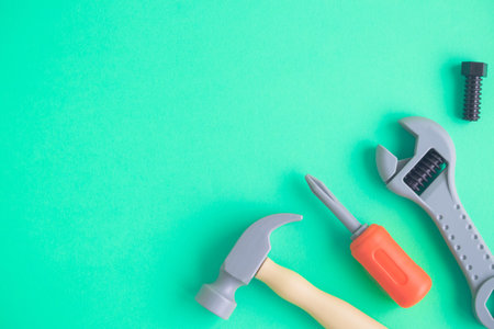 Plastic carpentry tools minimal creative background. Space for copy,の写真素材