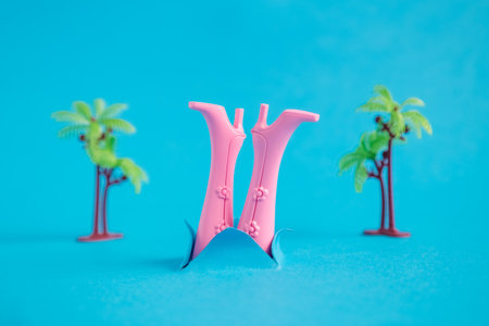 Doll boots coming out from blue paper and palm trees in the background summer diving or drowning...