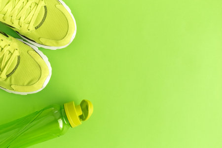 Flat lay of sport exercise equipment green minimal creative concept. Space for copy.の写真素材