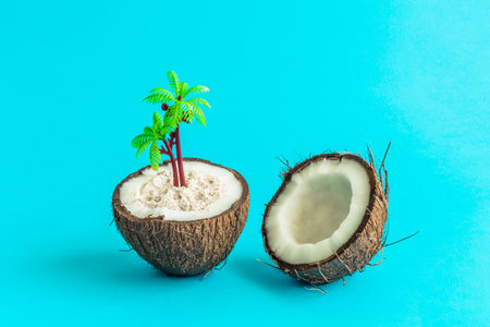 Coconut halves with sand and plastic palm tree toy summer vacation tropical symbol minimal creative concept.の写真素材