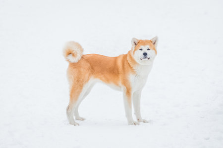 Akita dog enjoying on snowy day.